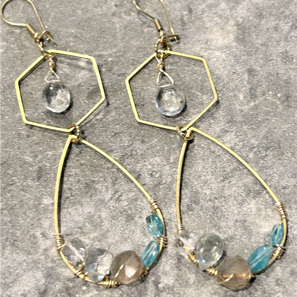 Apatite, rock quartz brass chandelier earrings.